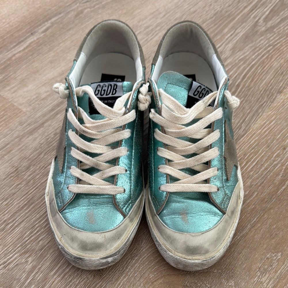 Golden Goose Metallic Teal and Cream Sneakers
